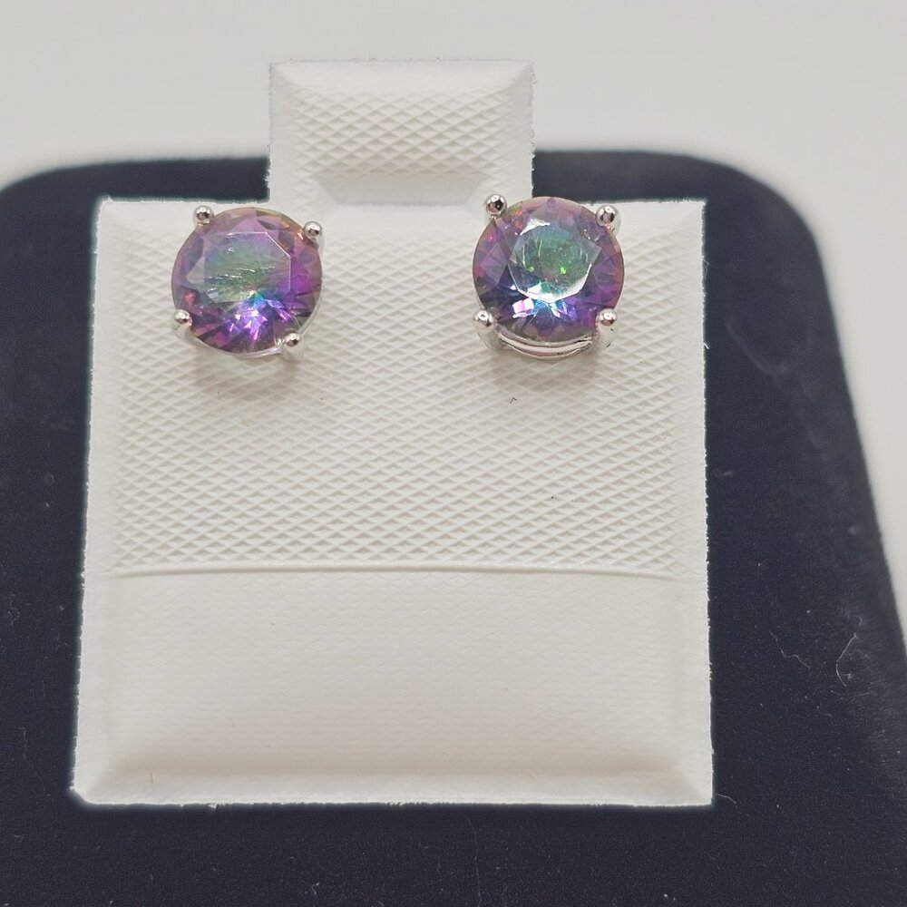 Sterling Silver 925 Rhodium Plated Mystic Topaz Round Stud Earrings 7mm